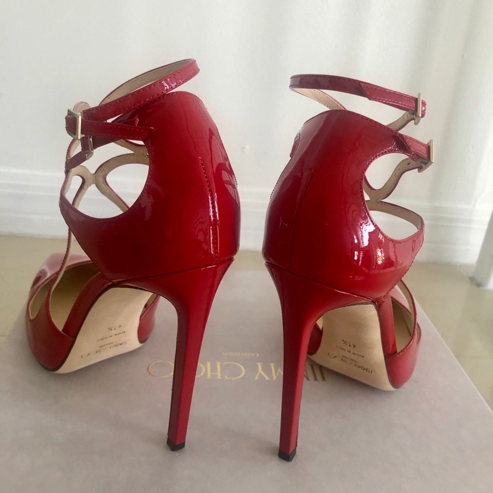 Jimmy Choo Red Patent Leather Strappy Pointed-Toe Heels - Picture 2 of 8